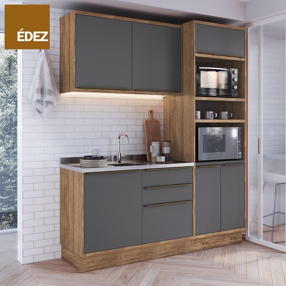 Cozinha Compacta 100% MDF Modular Édez Uno, 3 Peças, Grafite e Louro ...