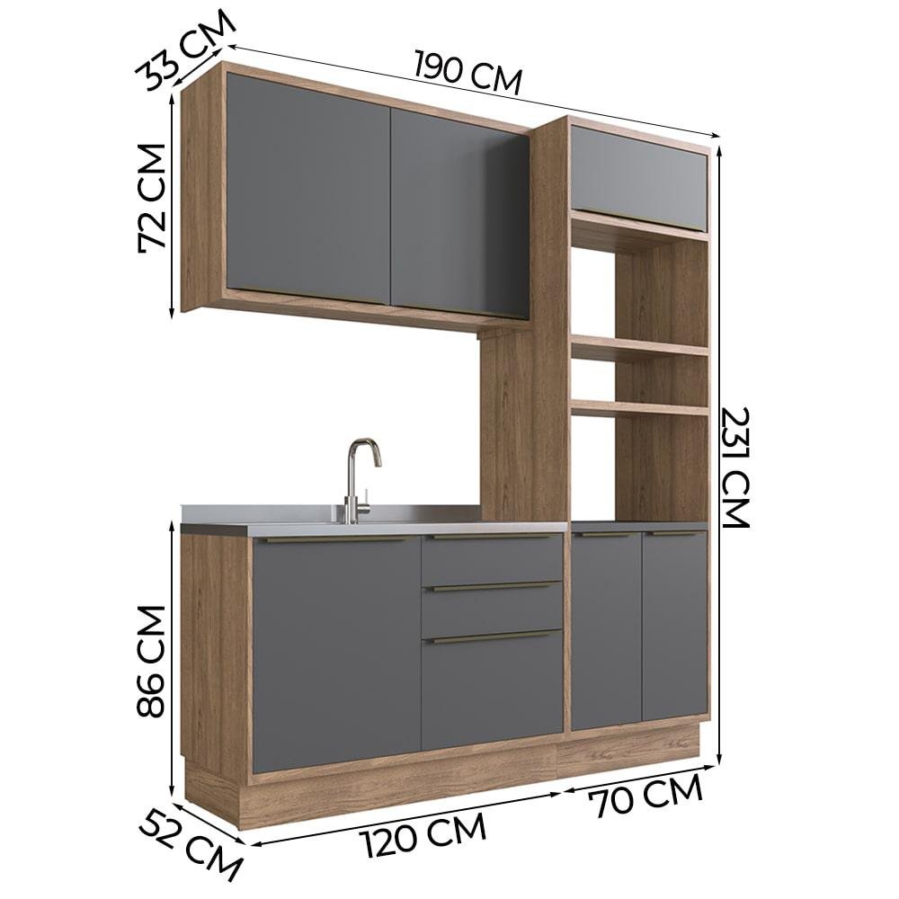 Cozinha Compacta 100% MDF Modular Édez Uno, 3 Peças, Grafite e Louro ...