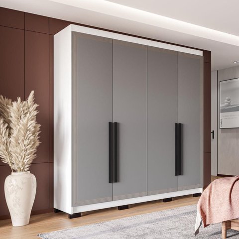 Roupeiro Solteiro Valência 4 Portas 4 Gavetas 161x214cm Branco/Cinza 240833