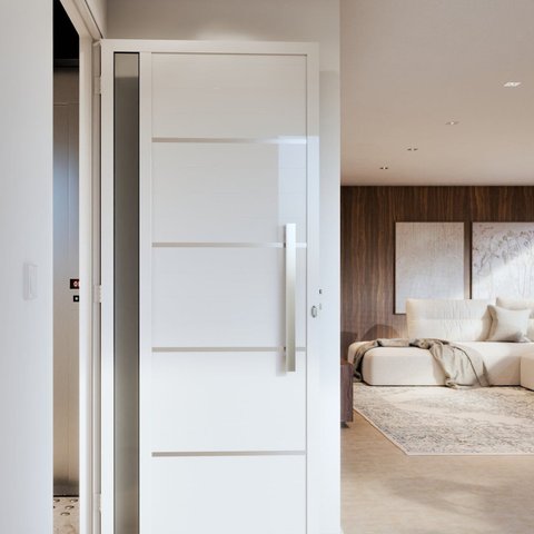Porta de Alumínio de Giro Lambri 215cm x 95cm Puxador de 60 cm com Friso e Visor Lucasa Ideale Branco