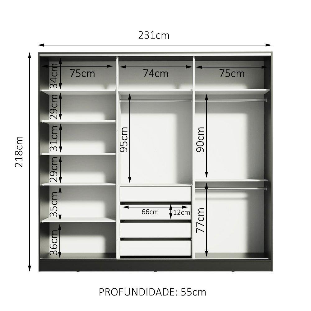 Guarda Roupa Casal 100% Mdf Madesa Zurique 3 Portas de Correr com Espelho - Preto/rustic - 10