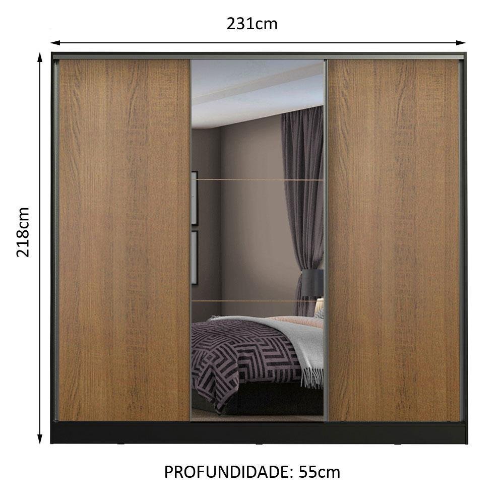 Guarda Roupa Casal 100% Mdf Madesa Zurique 3 Portas de Correr com Espelho - Preto/rustic - 3