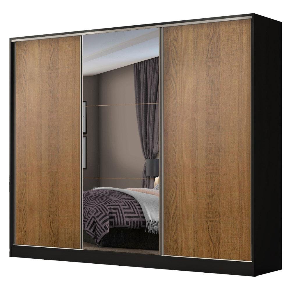 Guarda Roupa Casal 100% Mdf Madesa Zurique 3 Portas de Correr com Espelho - Preto/rustic - 2