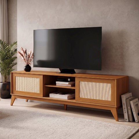 Rack para TV até 75 Polegadas 100% MDF 180cm Portas em Tela Rattan Andros Marrom Cedro