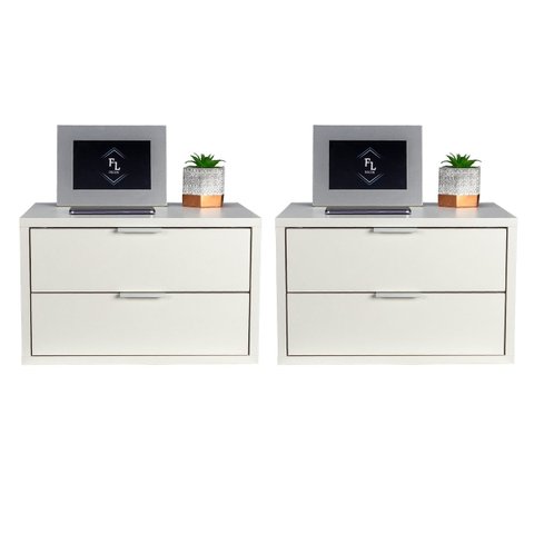 KIT 2 MESAS DE CABECEIRA SUSPENSA OFF WHITE DE 2 GAVETAS COM 50 CM ENVIAMOS MONTADA