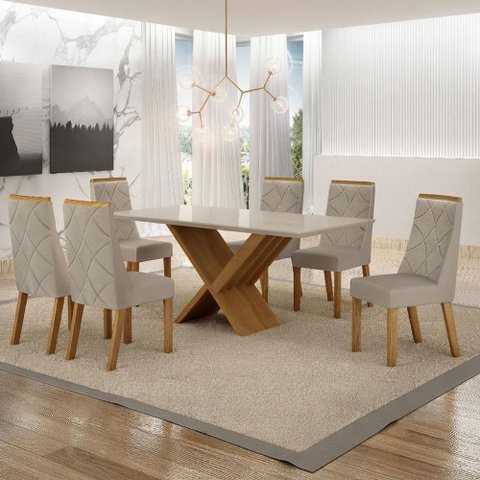 Mesa de Jantar Aurora 180x90cm Vidro 25 mm Cinamomo Off White com Kit 6 Cadeiras Veludo Bege - Valde