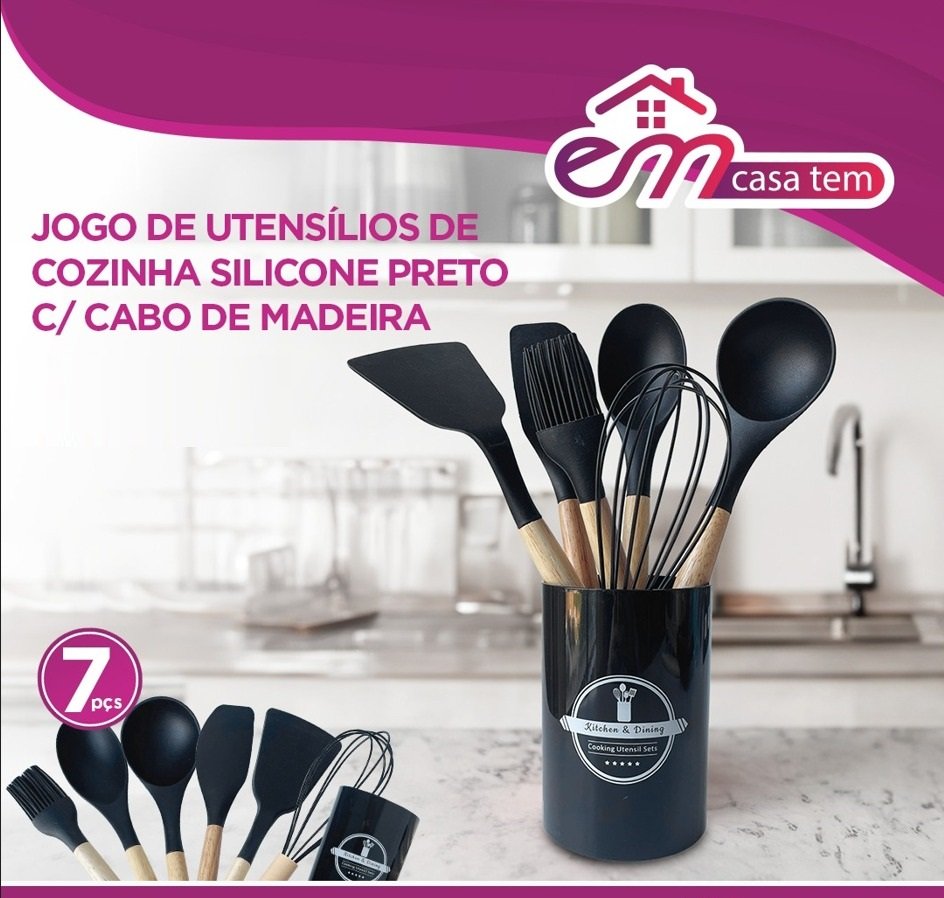 Jogo Utensílios para Cozinha 7 Peças Silicone Cabo Madeira:preto - 4