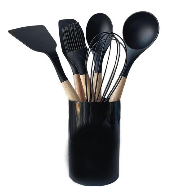 Jogo Utensílios para Cozinha 7 Peças Silicone Cabo Madeira:preto