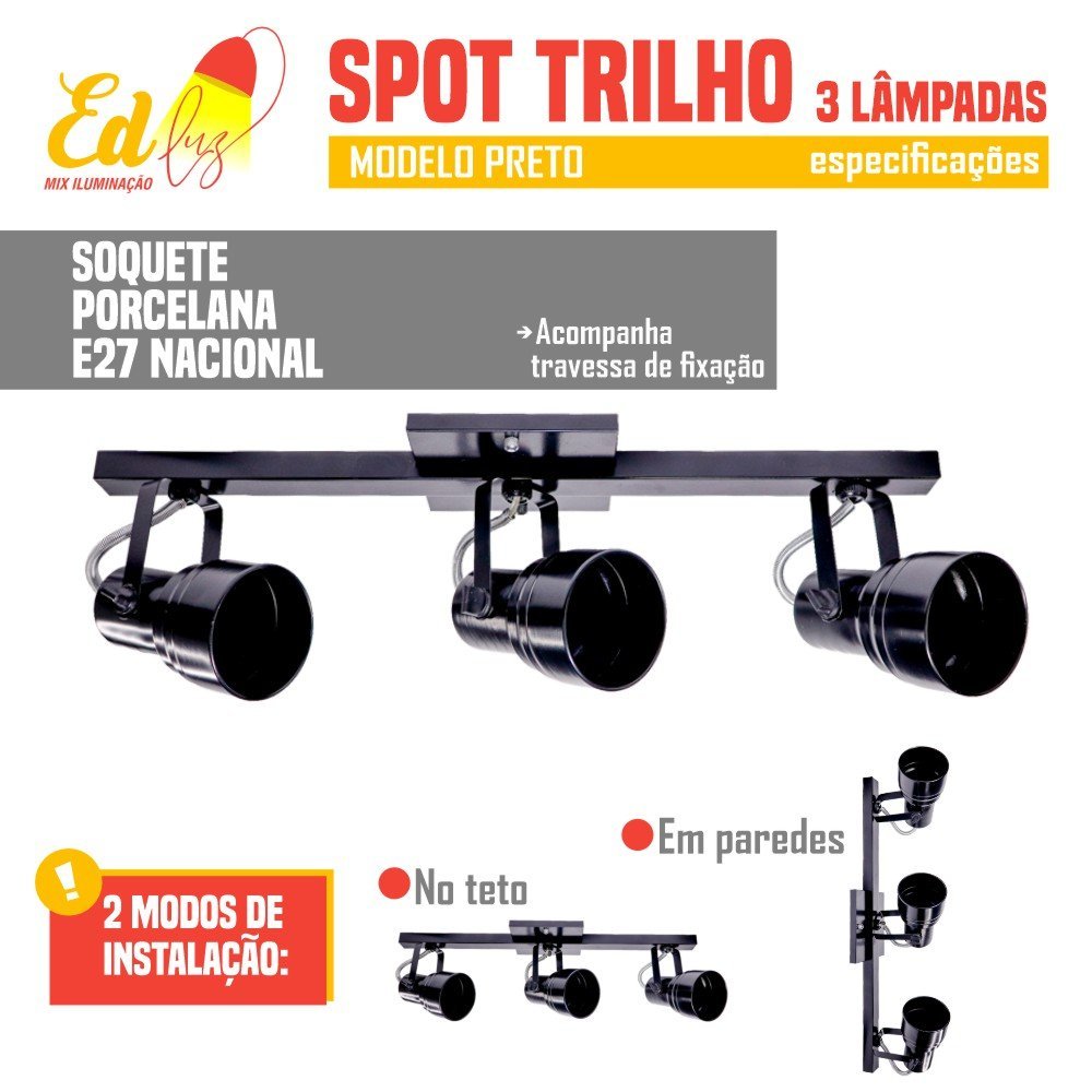 Luminária Teto Spot Preto Trilho 3 Direcionável - 4