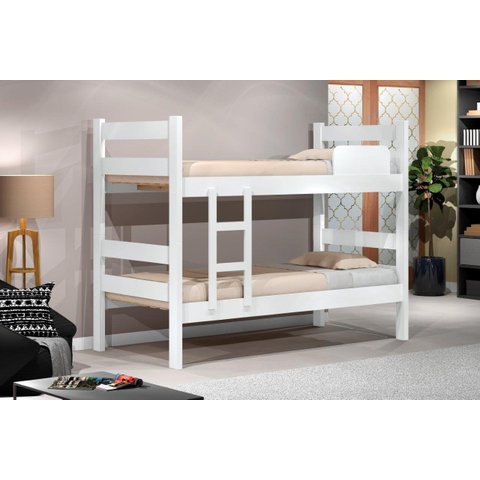 Cama Beliche PRIS 100% MDF Com Estrado em Madeira e Escada Lateral Cor Branca JA