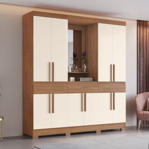 Guarda Roupa Roupeiro Casal Daniel B374 Briz 10 Portas 3 Gavetas com Espelho Nature Off White Henn