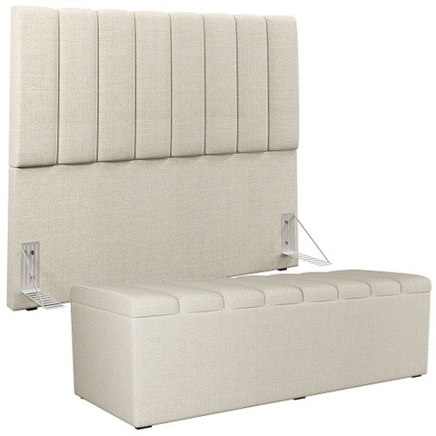 Kit Cabeceira Cama Box Casal 140cm e Calçadeira Recamier Baú Dália W01 Linho Champagne - Lyam