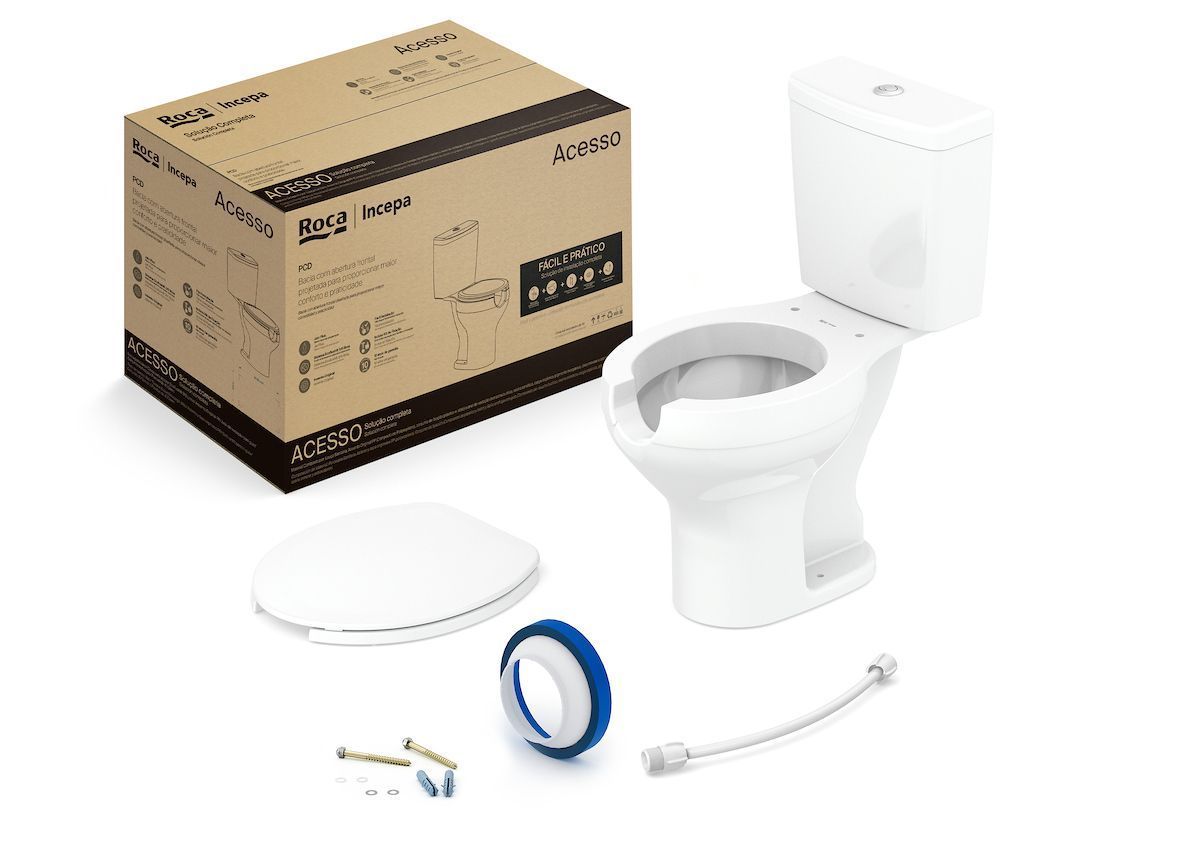 Kit de Bacia com Caixa Assento PP com Abertura Frontal e Complementos de Instalação Acesso Roca Branco/Brilhante