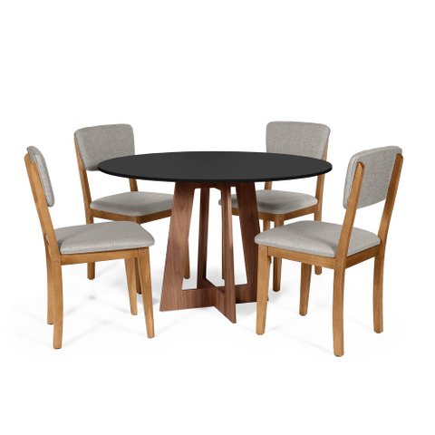 Mesa de Jantar Redonda Montreal Pret/nor com 4 Cadeiras Estofadas Ella Cinza Claro