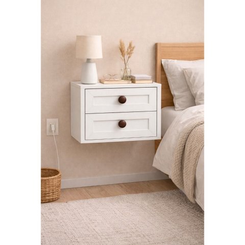 Mesa de Cabeceira Suspensa Provençal Branca MDF 15 mm 2 Gavetas 25 cm