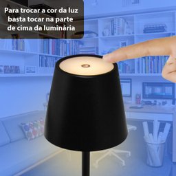 Luminária Abajur Mesa Led Touch Dimerizável S/ Fio Portátil Preto - 7