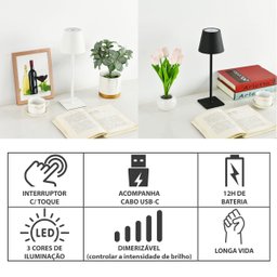 Luminária Abajur Mesa Led Touch Dimerizável S/ Fio Portátil Preto - 2