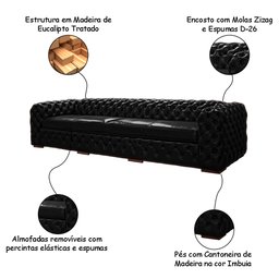 Sofá Decorativo Sala de Estar 4 Lugares 240cm Duquesa Couro Preto - Mozzelar - 3