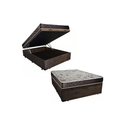 Cama Box Baú Casal com Colchão Molas Bonnel Abertura Pneumática Suede Marrom Base Box Baú