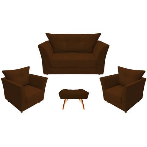 Kit Namoradeira + 2 Poltronas Decorativa Isis + 1 Puff Retangular Couro Marrom Pés Madeira Mz Decor