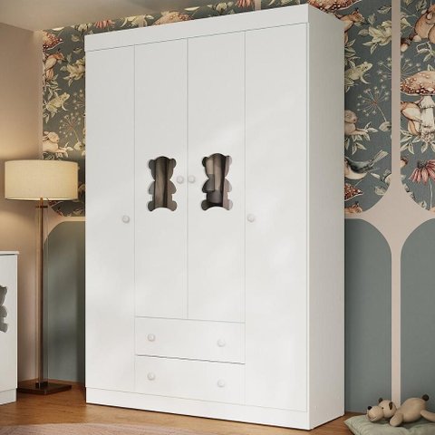 Guarda-roupa Infantil 122cm com Vidro 4 Portas e 2 Gavetas Teddy Multimóveis Mp4488 Branco