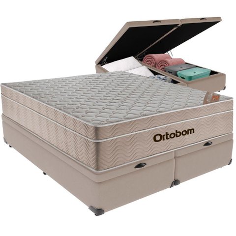 Cama Box Baú e Colchão Airtech Springpocket Molas Ensacadas Queen Ortobom Queen Bege