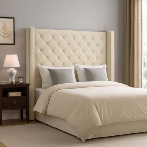 Cabeceira Vivian Estofada para Cama Queen 1,60 Veludo Bege Bz Home Decor