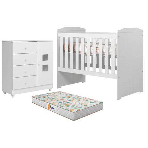 Berço Americano Carinho com Cômoda Life Branco Acetinado Colchão Americano Gazin - Tigus