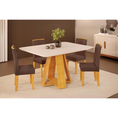 Sala de Jantar Completa Celeste C/ Tampo Madeirado C/ Vidro Curvo 120x90cm e 4 Cadeiras Zoe Cedro/