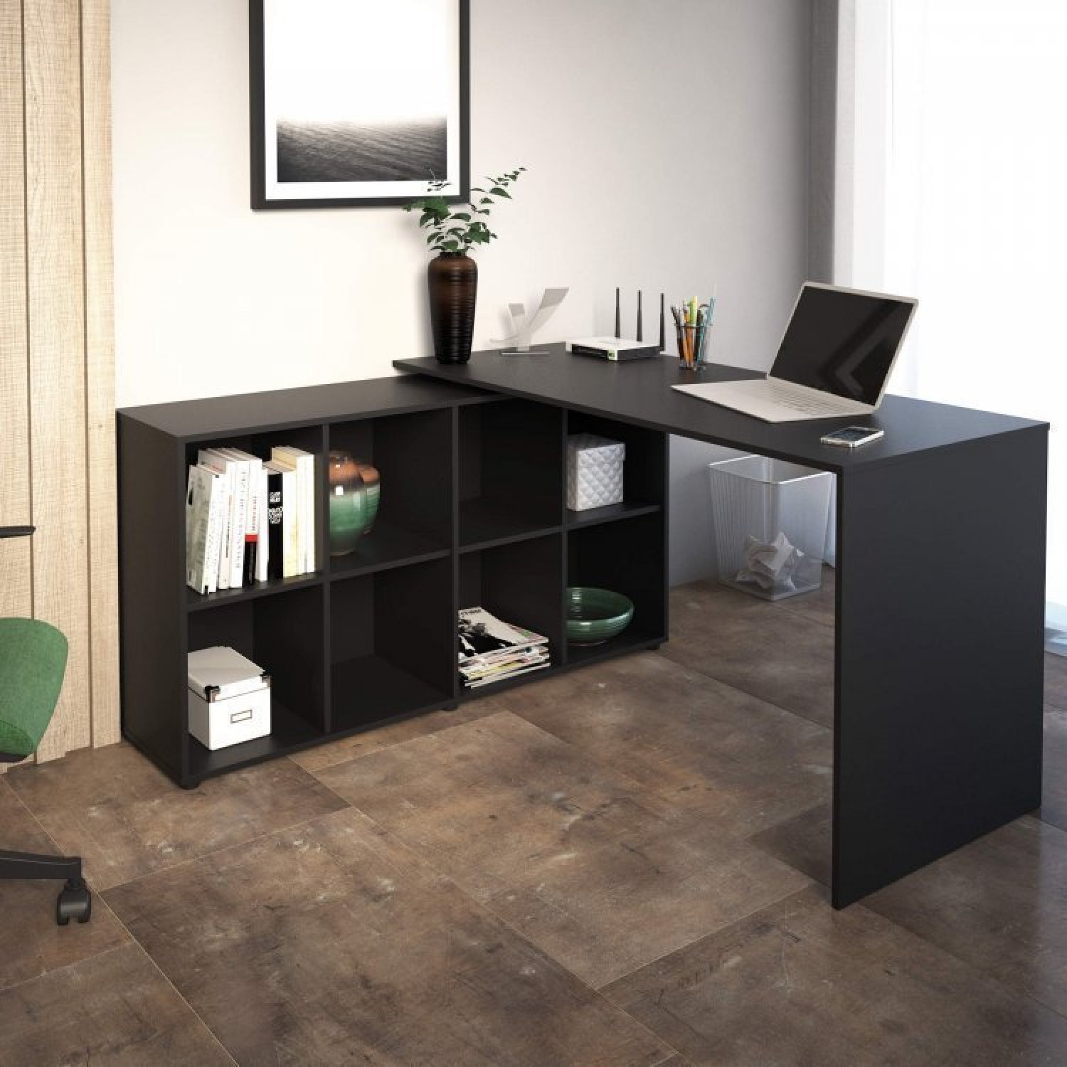 Mesa para Escritório Diretor em L com Nichos e Balcão Espresso Móveis - 3