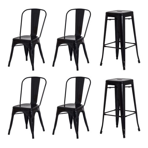 Kit 4 Cadeiras + 2 Banquetas Tolix Iron Design Preta Aço Industrial Sala Cozinha Jantar Bar Bistrô