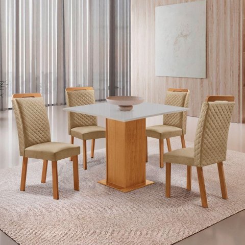 Mesa de Jantar Loren 4 Lugares MDF com Cadeiras Lorena Off White 90cm Moderna