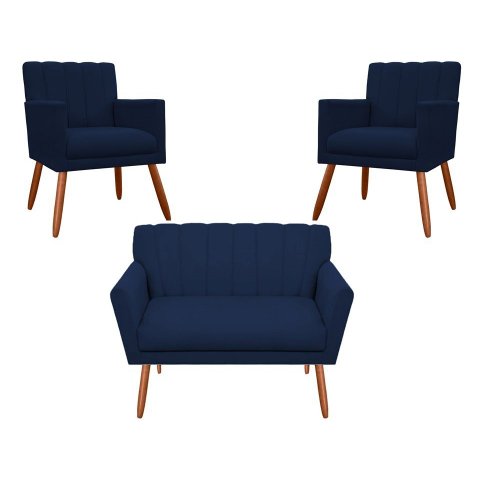Kit Namoradeira + 2 Poltronas Decorativa Cecília Suede Azul Marinho Pés Madeira Ms Decor