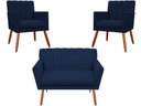Ver imagem 1 de Kit Namoradeira + 2 Poltronas Decorativa Cecília Suede Azul Marinho Pés Madeira Ms Decor
