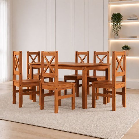 Conjunto de Jantar Retangular 6 Lugares 150cm 100% Madeira Maciça Treviso Yescasa Marrom/Cedro