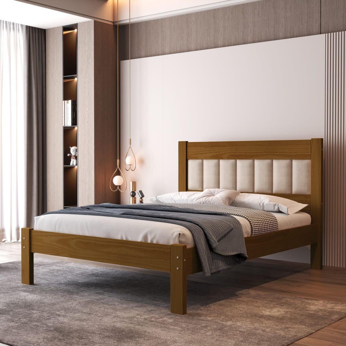Cama Casal 100% Madeira Maciça Pinus 188x138cm Cabeceira Estofada