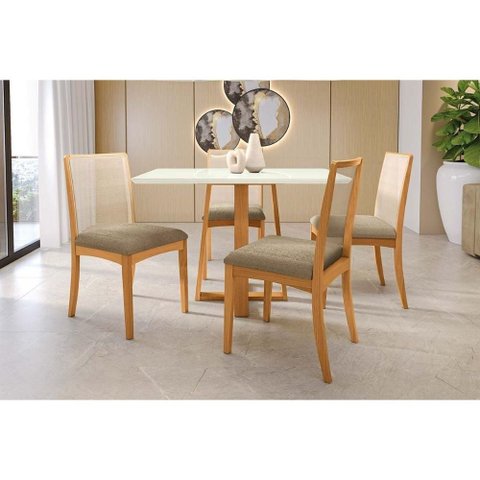 Mesa Cozinha Elma Premium Madeira Maciça C/ Tampo Madeirado C/ Vidro 120x80cm e 4 Cadeiras Lara