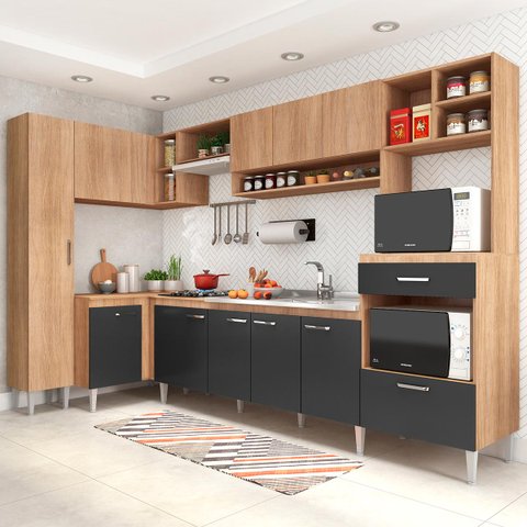 Cozinha de Canto Modulada Inova 292/120Cm Balcão Pia Cooktop Armário MDP Carvalho Grafite - ClickLar