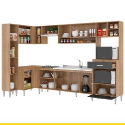 Cozinha de Canto Modulada Inova 292/120Cm Balcão Pia Cooktop Armário MDP Carvalho Grafite - ClickLar - 3