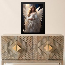 Quadro Decorativo Anjo com Gato 24x18cm - com Vidro:moldura Branca - 1