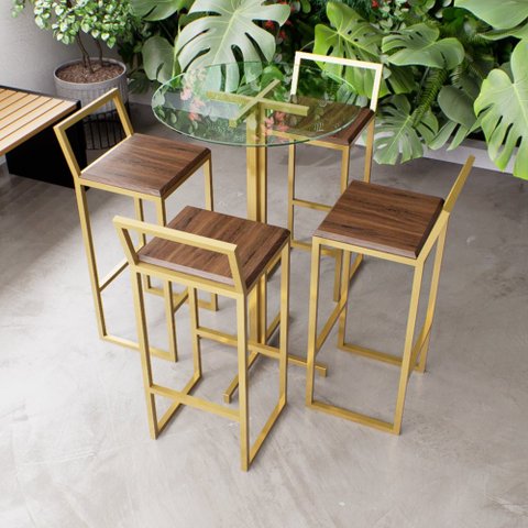 Jogo Mesa Alta Bistrô Redonda Vidro 4 Banquetas Imbuia Confort Industrial Dourado Don Castro Decor I
