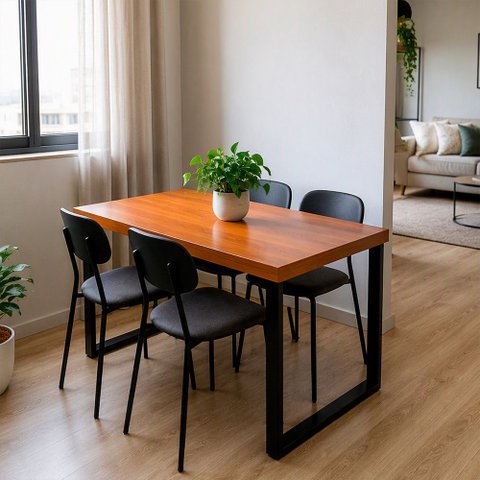 Mesa de Jantar Bernardo 1,20m Madeira Maciça com Pés de Ferro Preto Industrial para Área Interna
