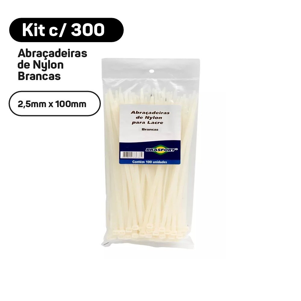 Kit 200un Abraçadeira Nylon 2.50mm X 150mm Cinta Plástica Branca Resistente - 2