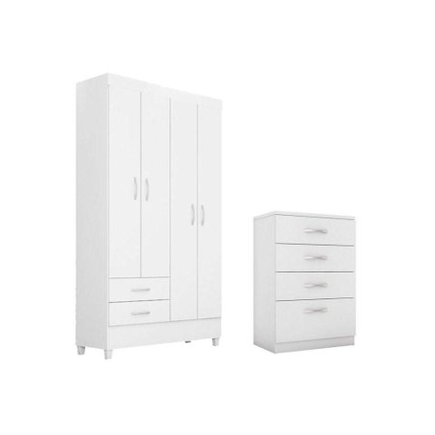 Quarto Completo Solteiro Guarda Roupa 4PTAS Astro + Cômoda Astral Branco Demóbile