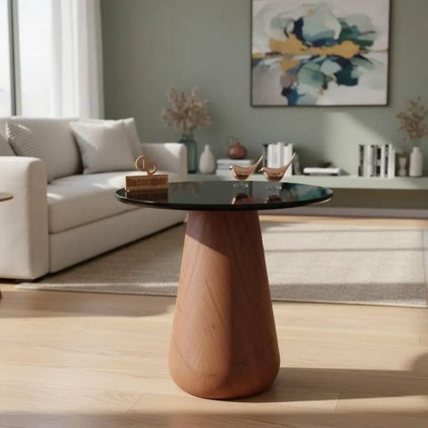Mesa de Canto Cone Redondo Vidro Madeira 70cm Preto