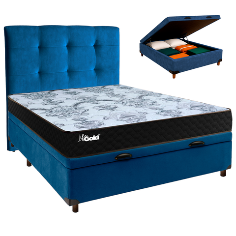 Cama Box Bau + Colchão Casal Molas Ensacadas Life Gold Paropas + Cabeceira Estofada