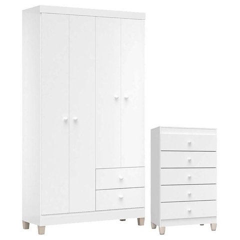 Cômoda Gaveteiro e Guarda Roupa 4 Portas Ternura Baby Branco Flex – Incorplac