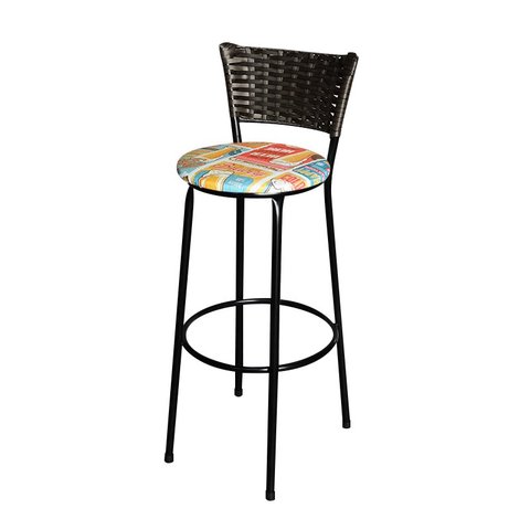 Banqueta Alta Preta Hawai Marrom para Cozinha com Assento Estampado:happy Hour