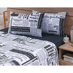 Jogo Lençol 4 Peças Cama Viúva 1,88mx1,28mx30cm 100% Algodão 180 Fios Jornal Preto - 1