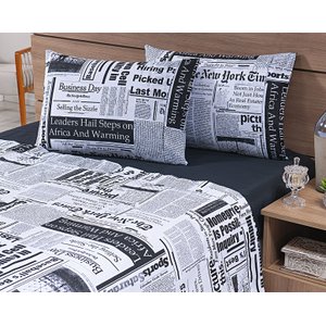 Jogo Lençol 4 Peças Cama Viúva 1,88mx1,28mx30cm 100% Algodão 180 Fios Jornal Preto